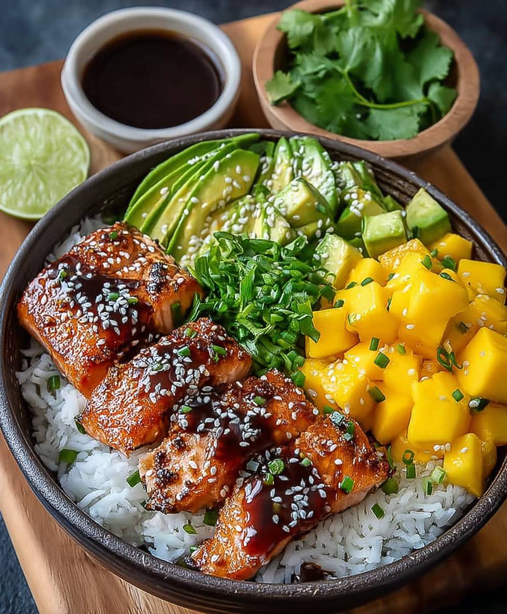Teriyaki Lachs Reisschüssel Mango