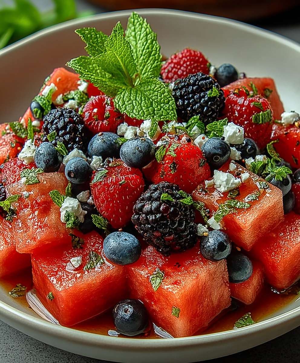 Wassermelonen Beeren Minze Salat