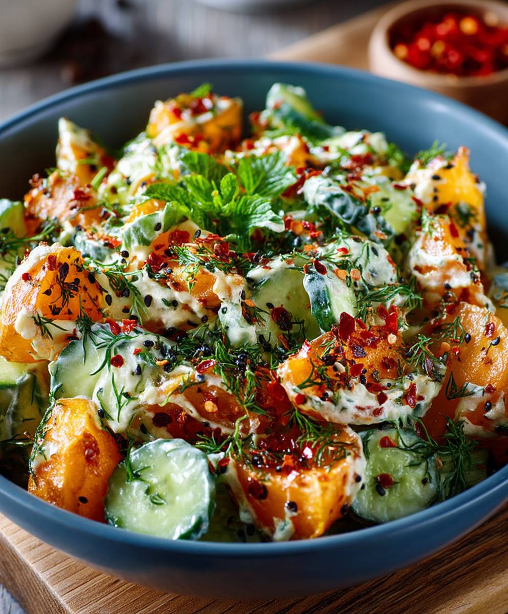 Süßkartoffel Gurkensalat Miso Dressing