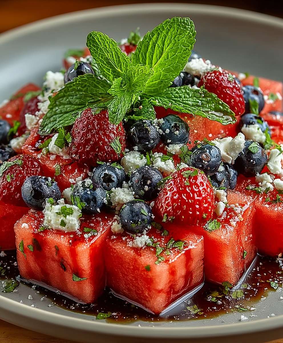 Wassermelonen Beeren Minze Salat