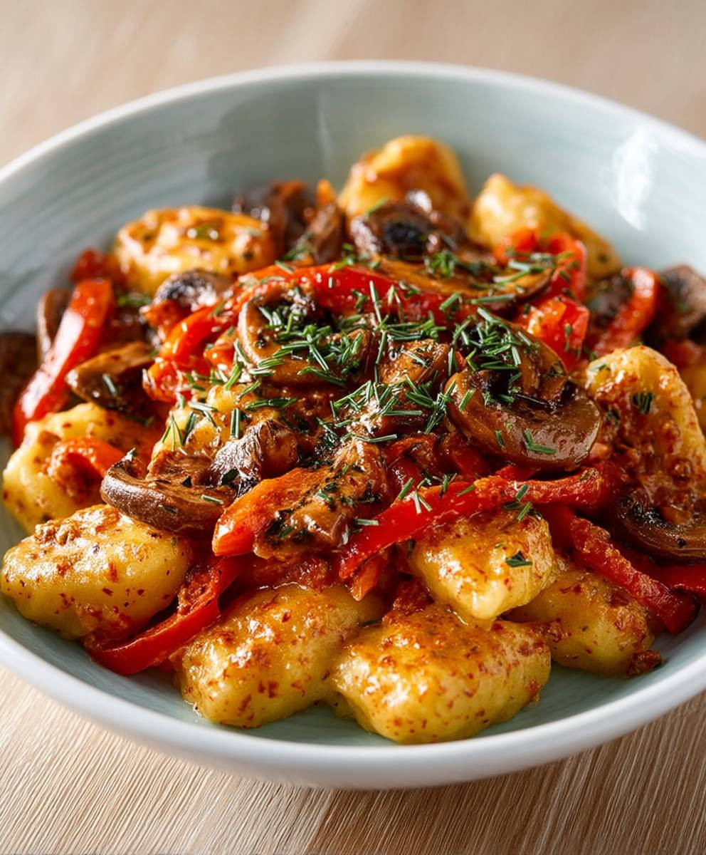 Vegane Schupfnudelpfanne Paprika Pilze