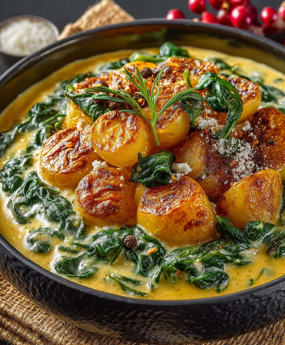 Kartoffelpfanne Spinat Frischkäse
