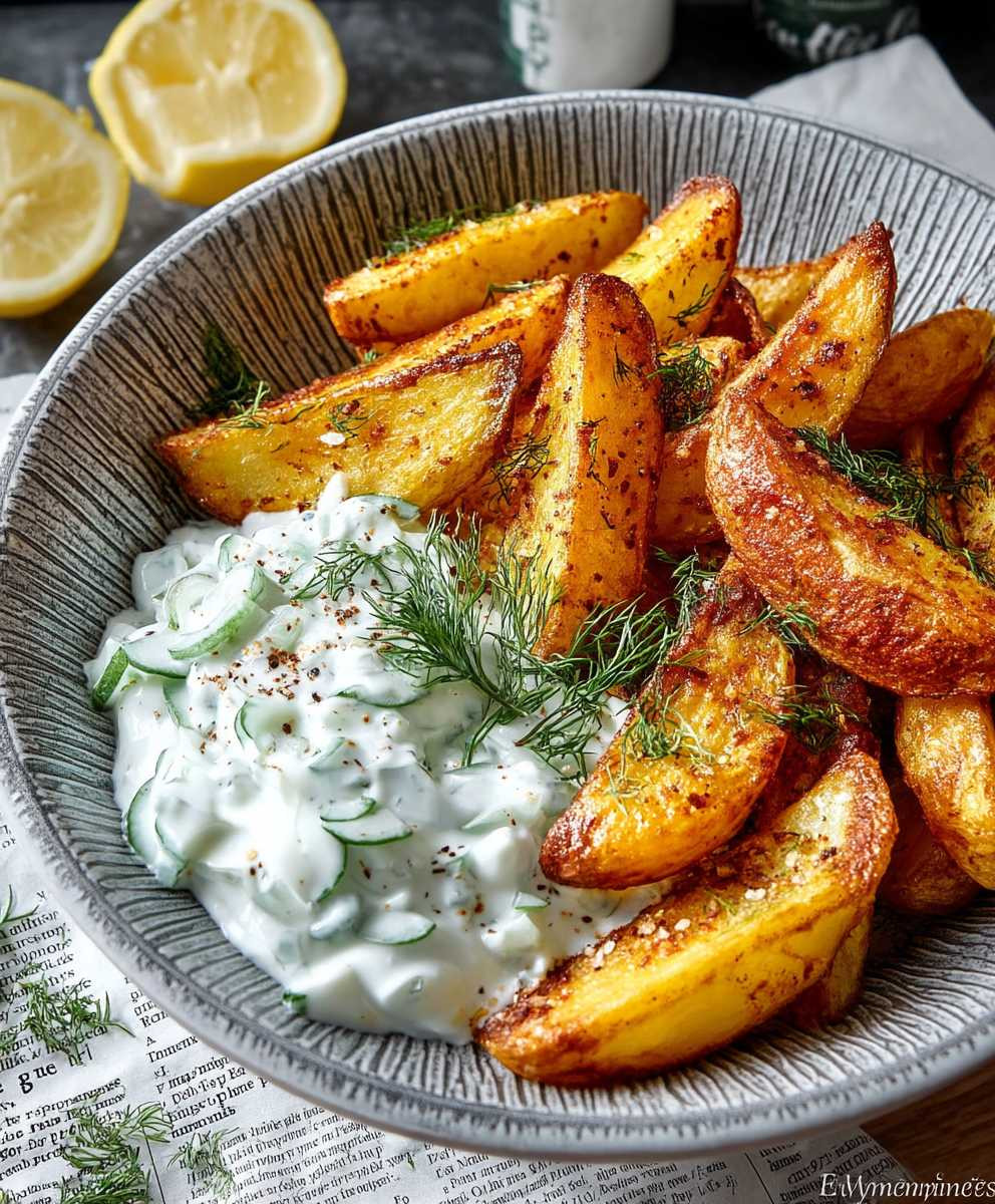 Kartoffelspalten mit Gurkendip