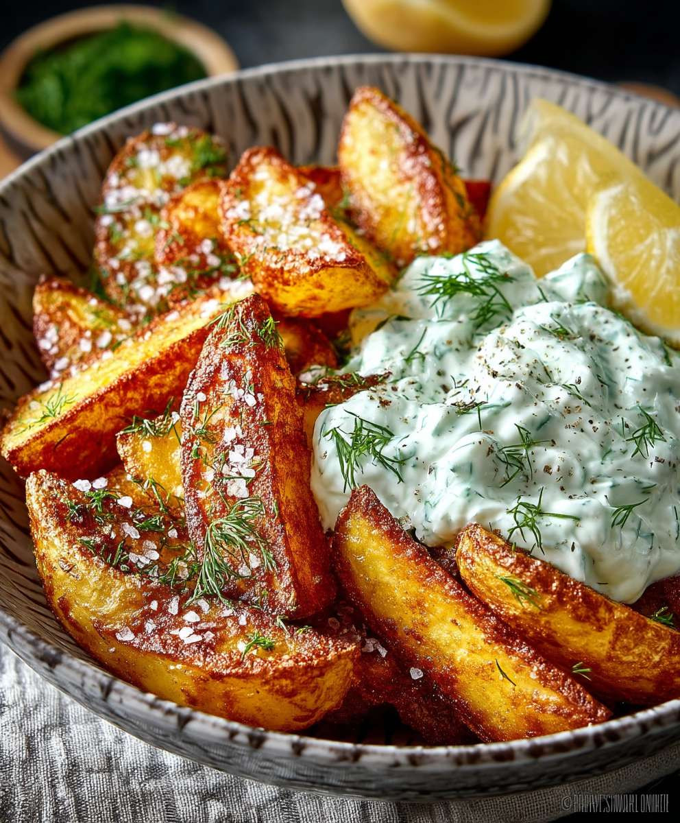 Kartoffelspalten mit Gurkendip