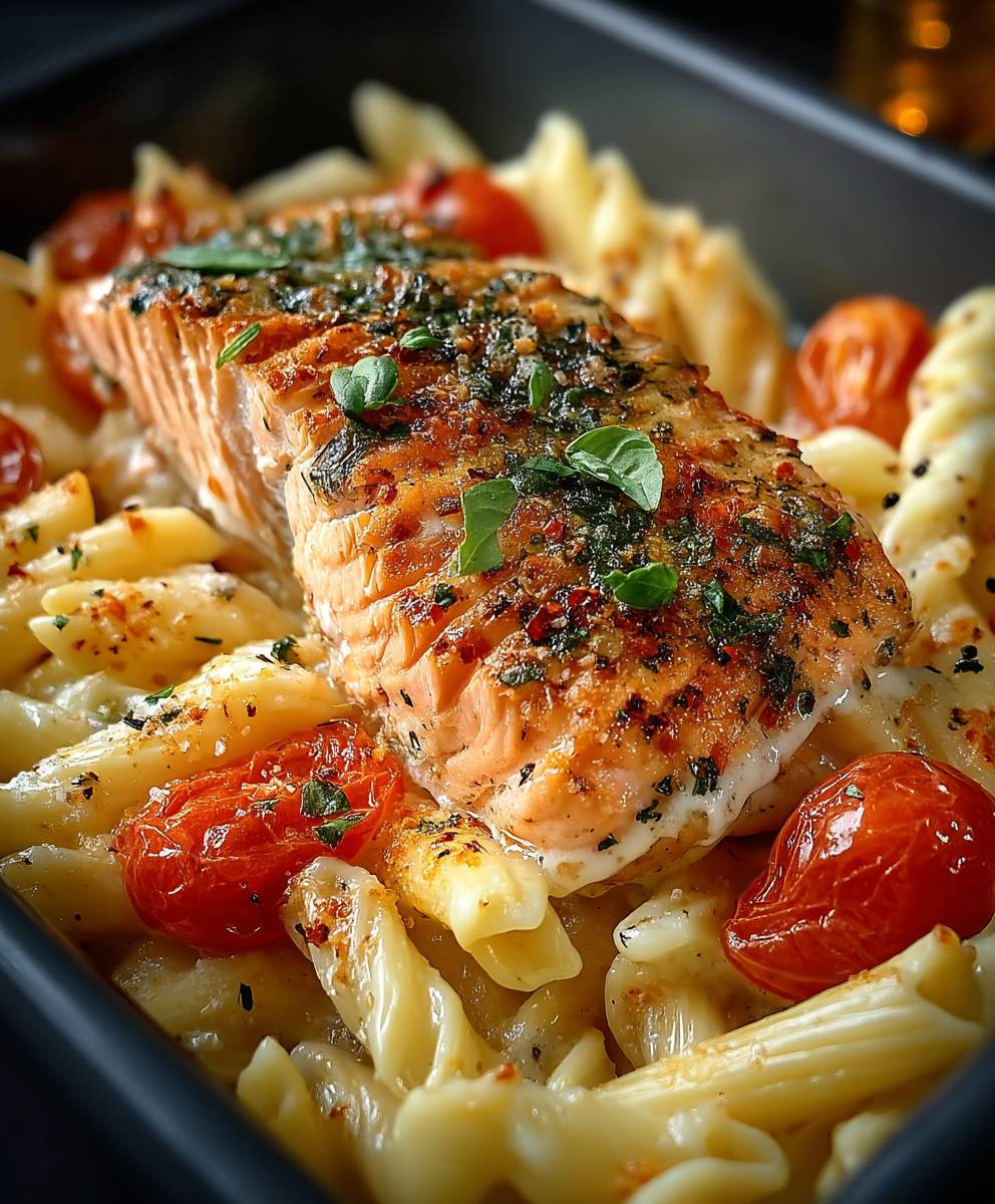 Ofen Lachs Pasta Tomaten
