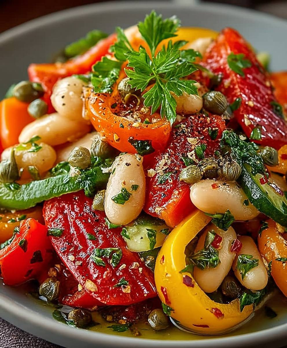 Gerösteter Paprika Bohnensalat Kapern