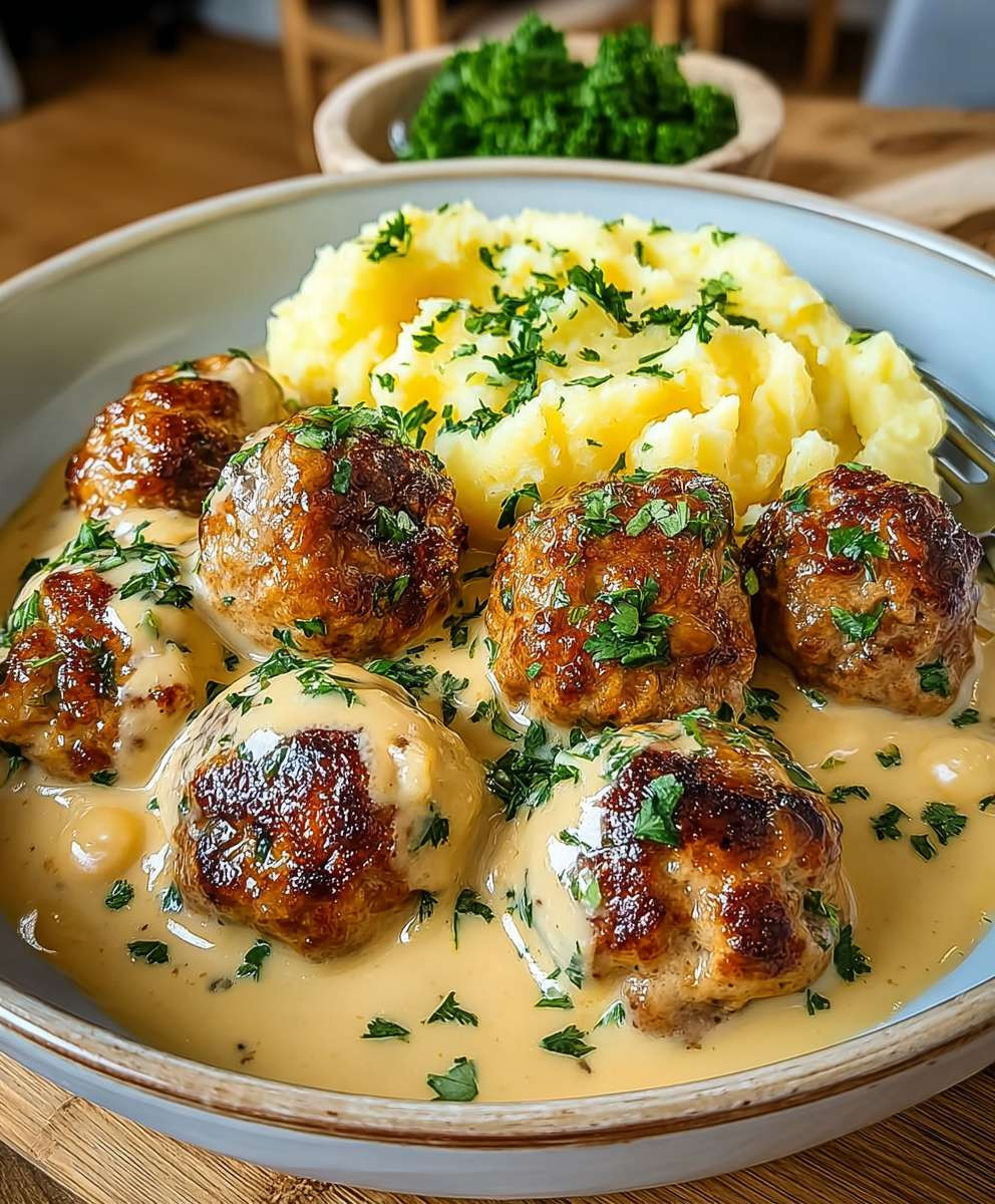 Hackbällchen cremiger Sauce Kartoffelpüree