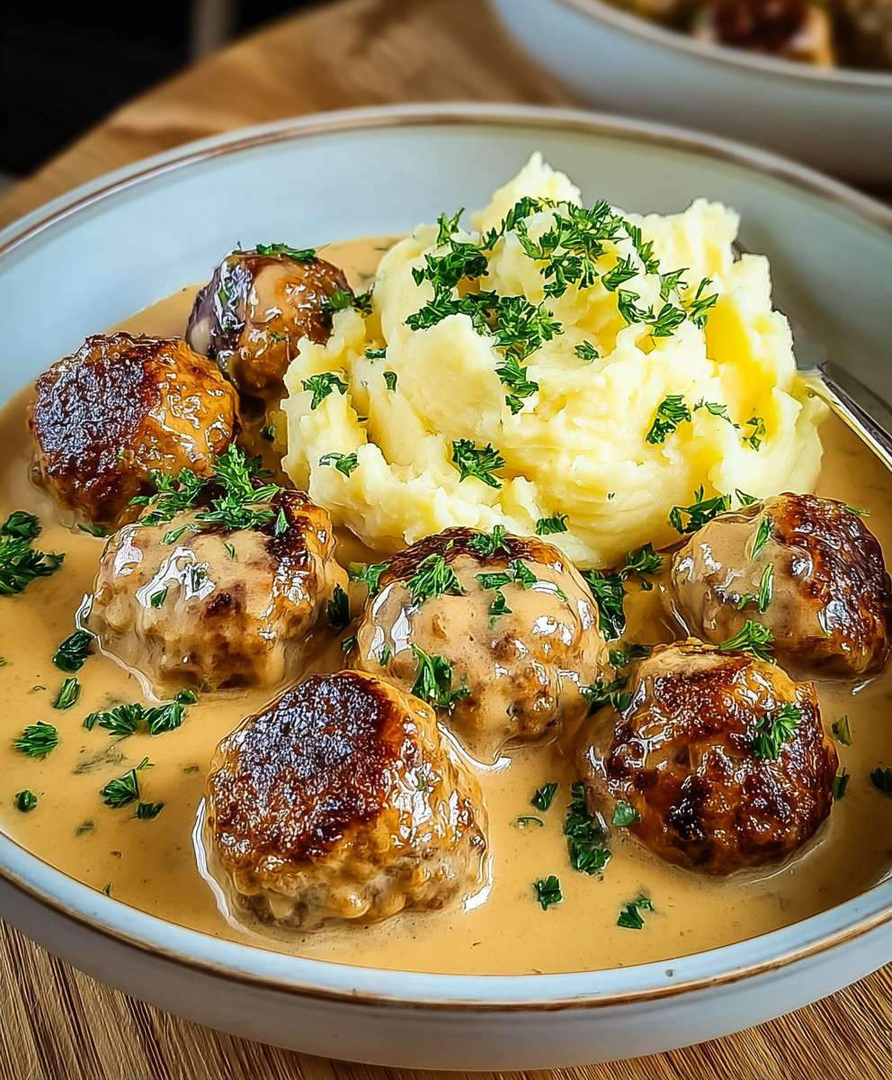 Hackbällchen cremiger Sauce Kartoffelpüree