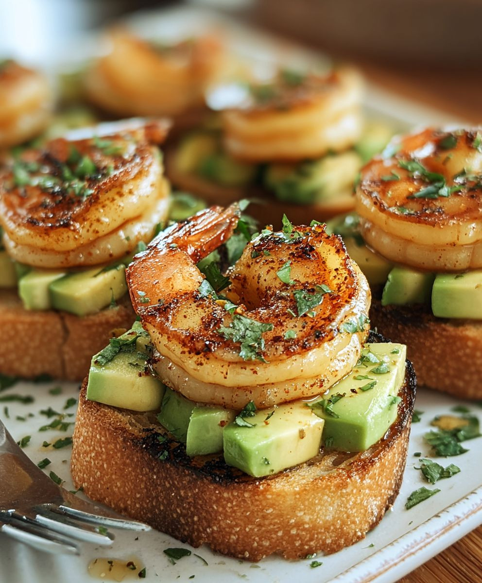 Knoblauch Garnelen Crostini mit Avocado