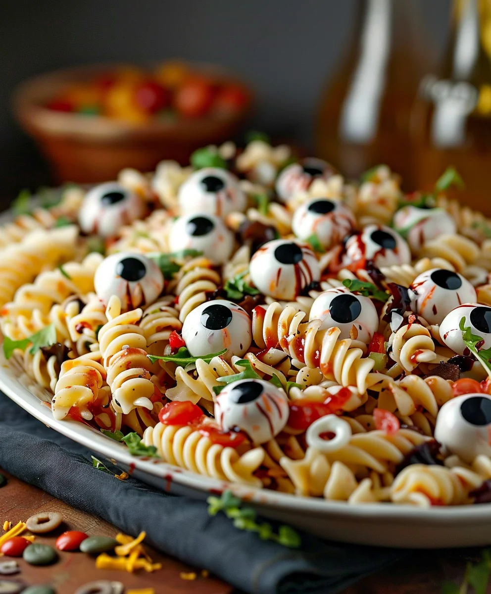 Gruseliger Augen-Pasta-Salat mit Mozzarella-Augen