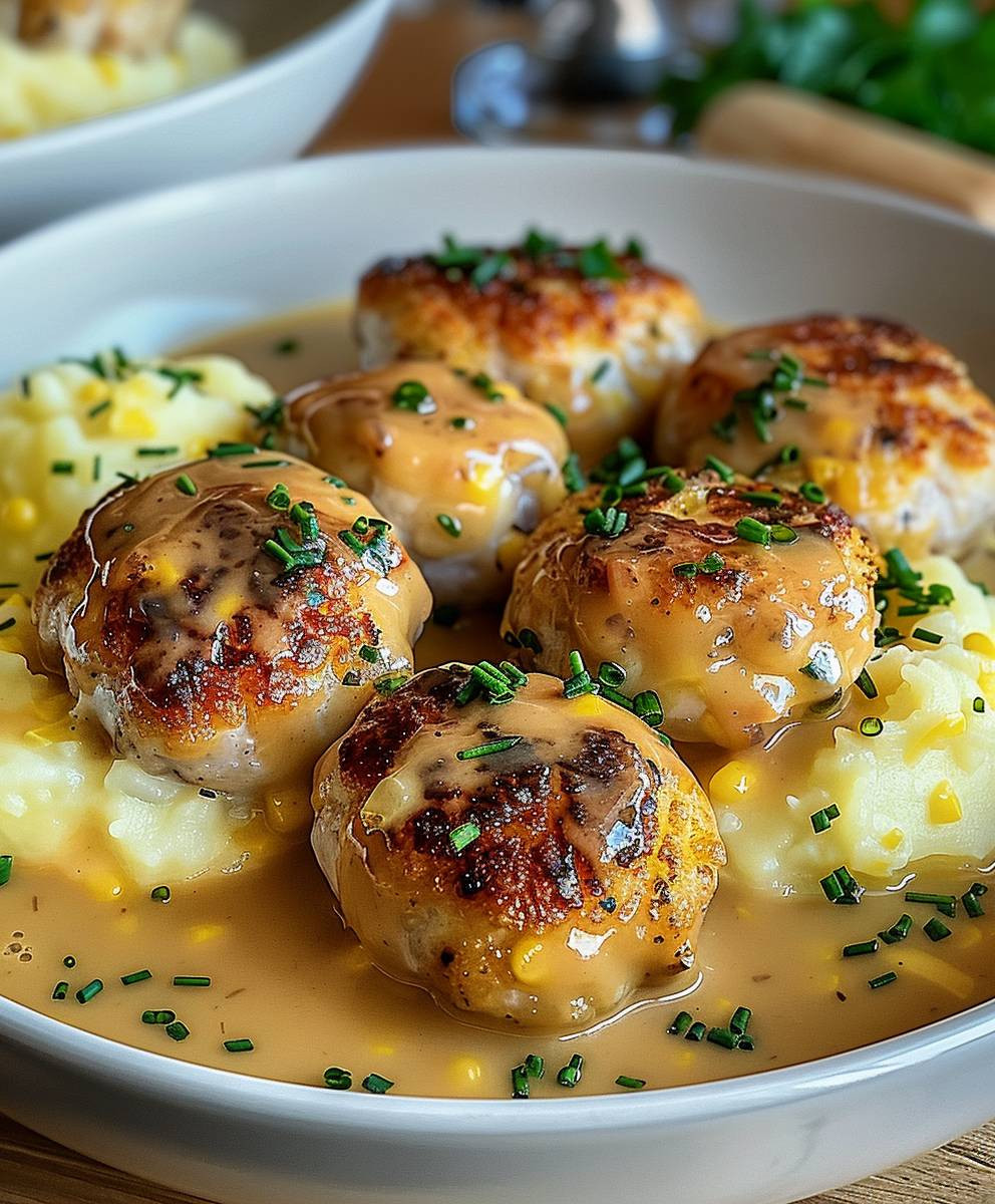 Hackbällchen cremiger Sauce Kartoffelpüree