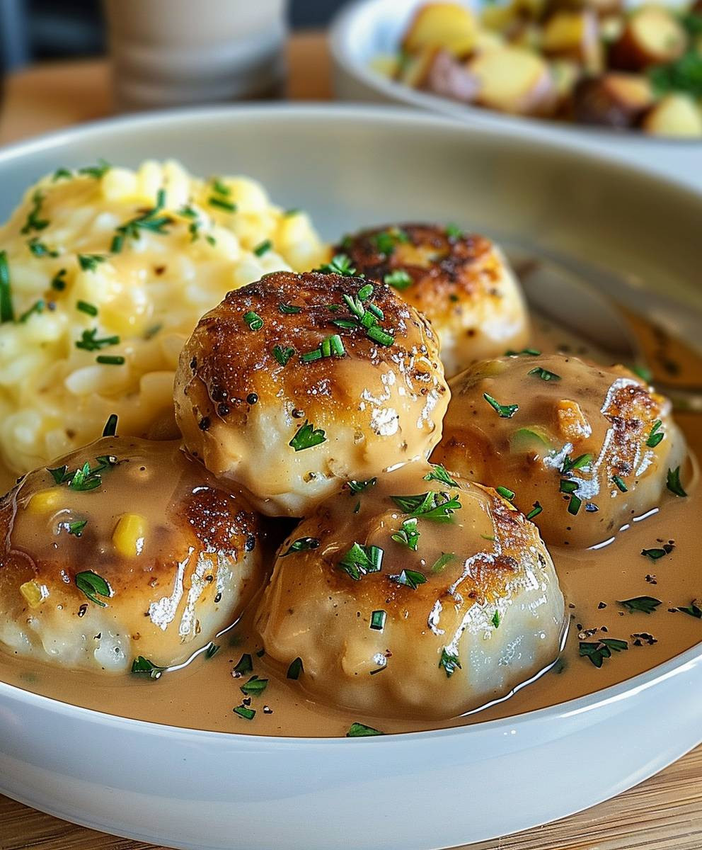 Hackbällchen cremiger Sauce Kartoffelpüree