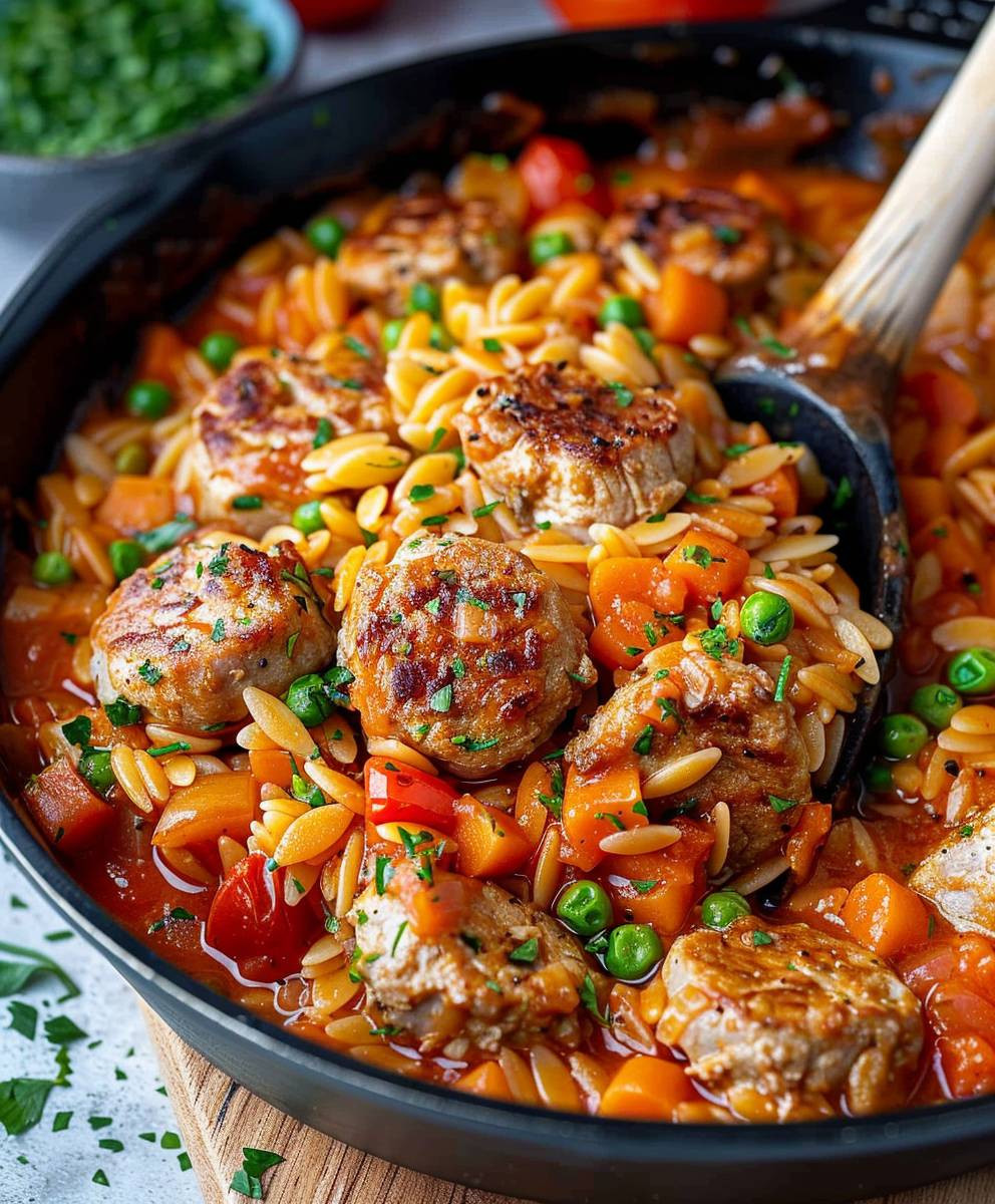 Orzo Pfanne mit Hackbällchen