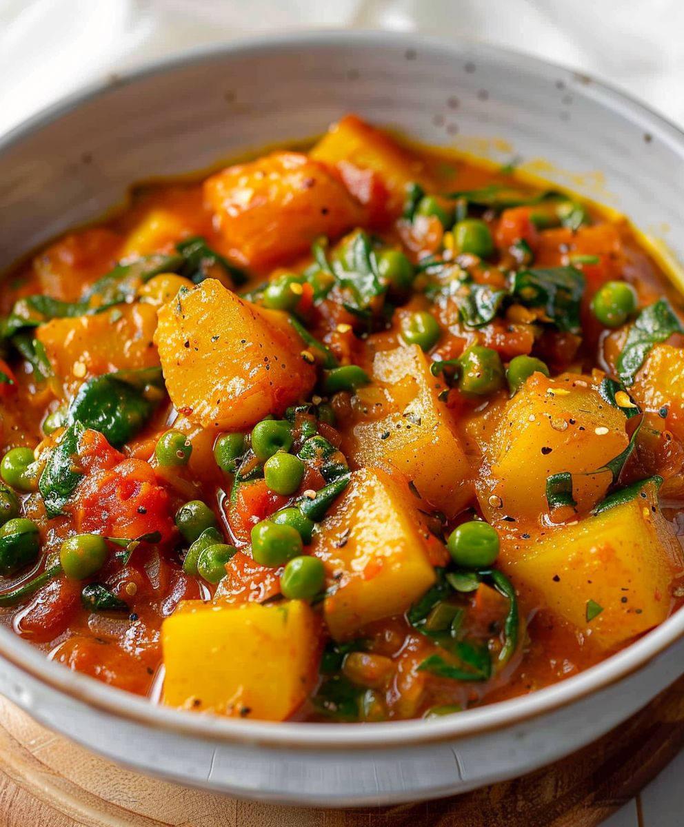 Veganes Kartoffelcurry Spinat Erbsen