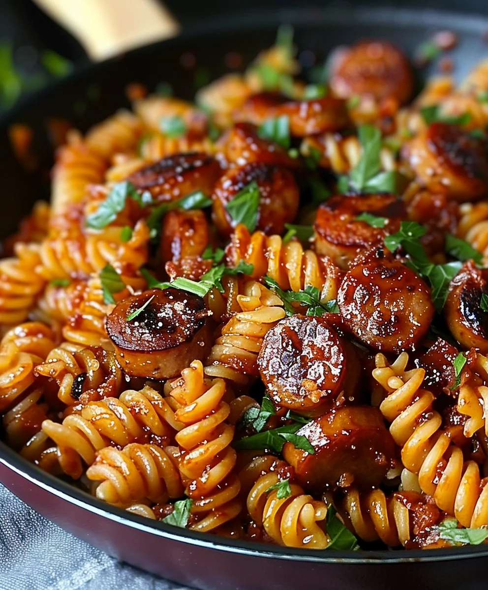 Scharfe Honig BBQ Rinderwurst-Pasta aus einer Pfanne