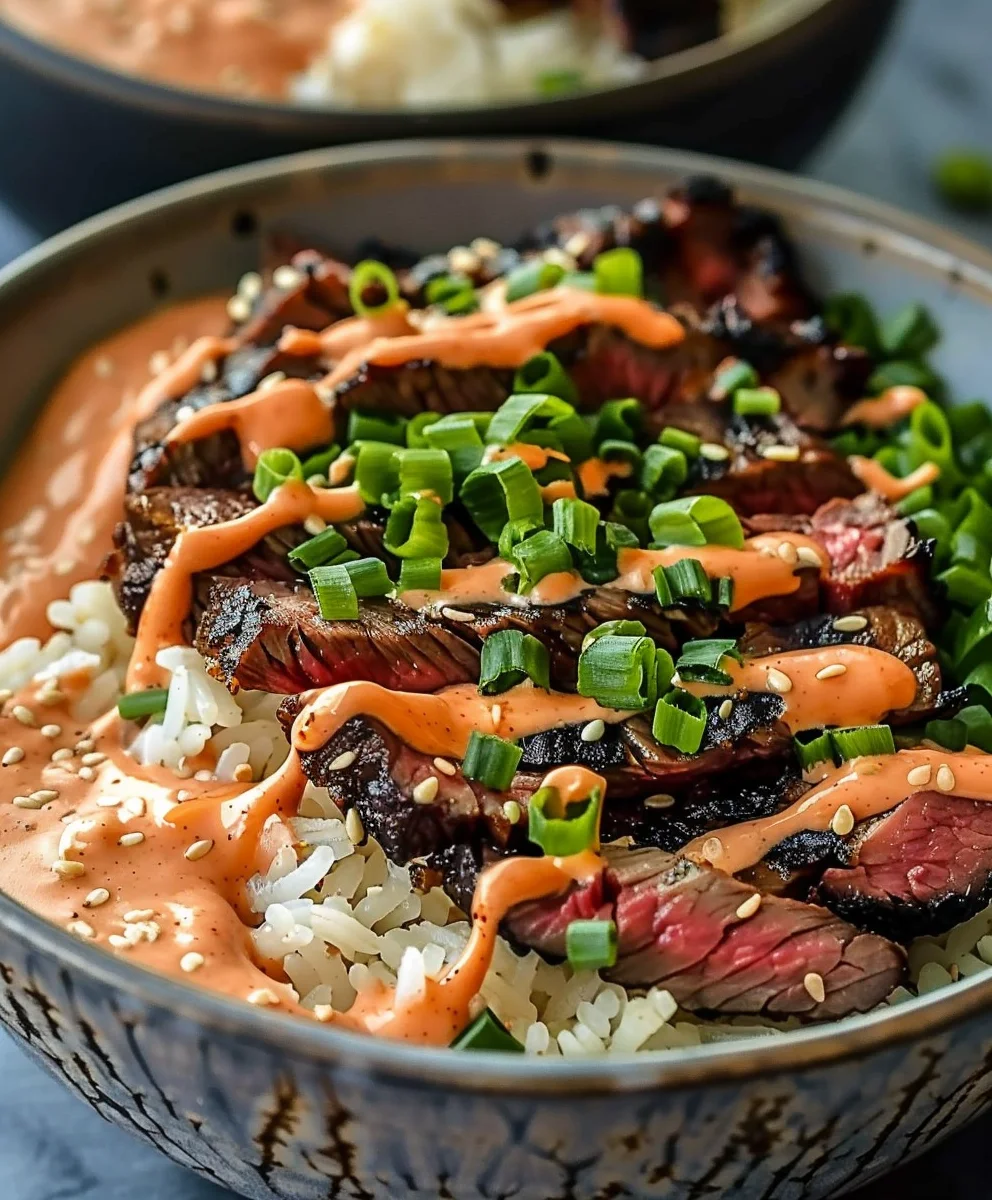 Korean Bbq Steak Rice Bowls With Spicy Cream Sauce