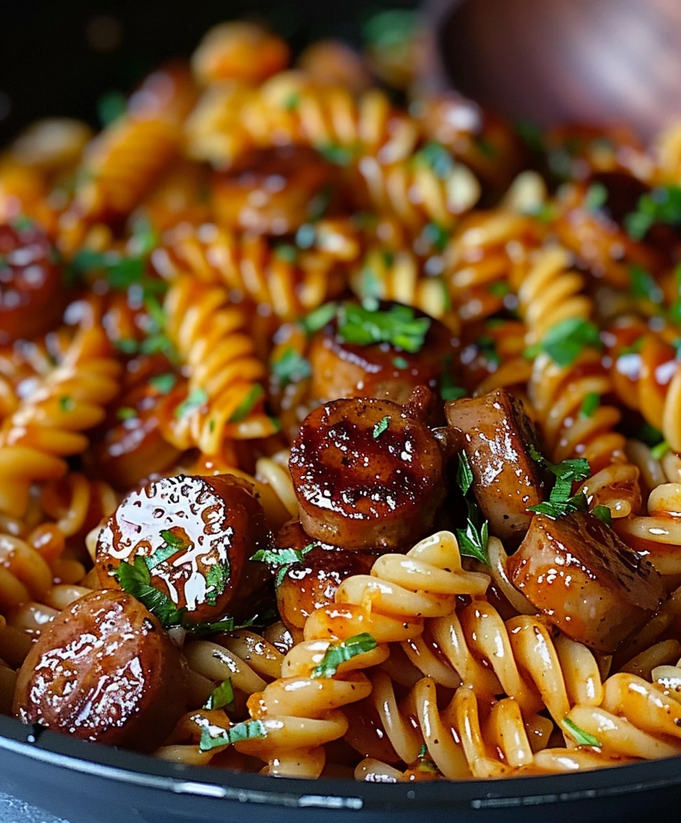 Scharfe Honig BBQ Rinderwurst-Pasta aus einer Pfanne