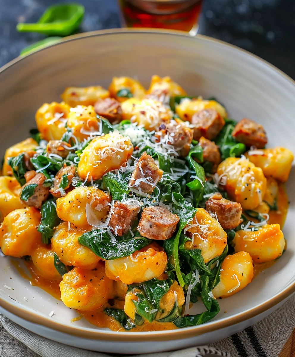 Cremige Kürbis Gnocchi mit Spinat & Rindswurst