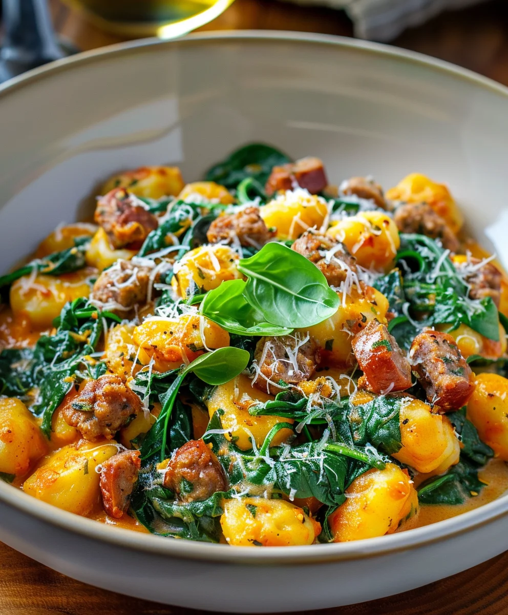 Rezept: Cremige Kürbis Gnocchi mit Spinat & Rindswurst