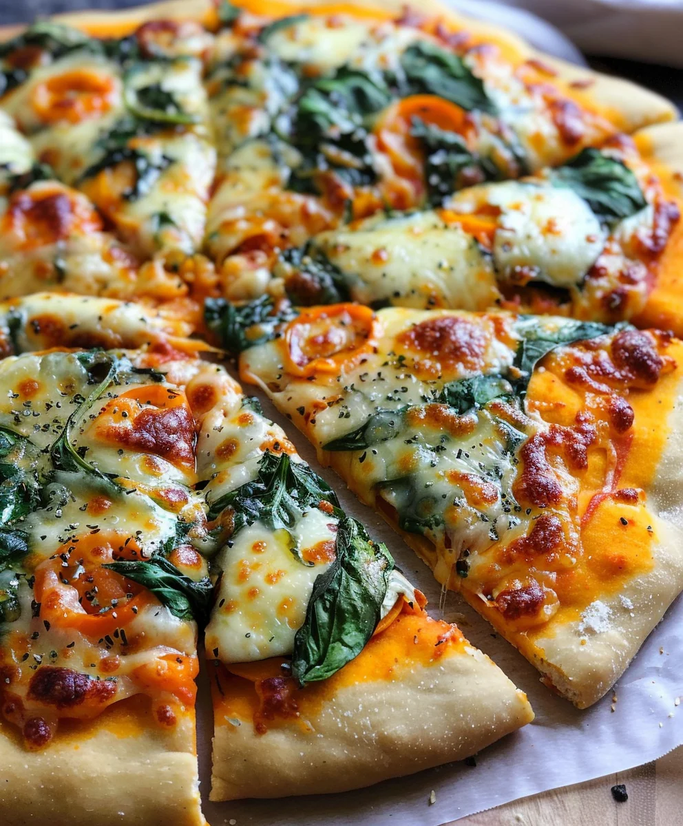 Kürbispizza mit Spinat und Käse