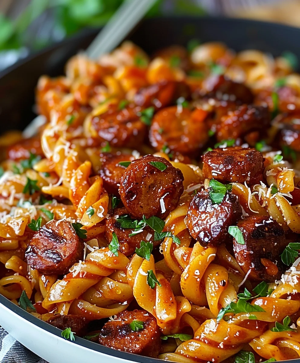 Schnelle One Skillet: Würzige Rinderwurst Pasta mit Honig BBQ