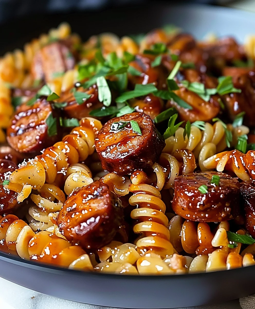 Schnelle One Skillet: Würzige Rinderwurst Pasta mit Honig BBQ
