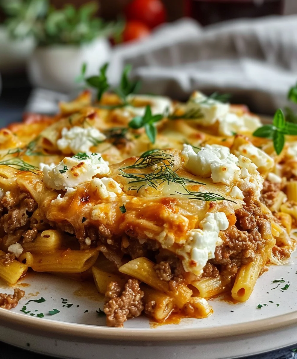 Herzhafter Griechischer Nudel Auflauf mit Feta & Rinderhackfleisch