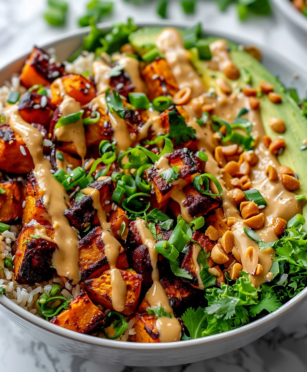 Köstliche Thai Erdnuss Süßkartoffel Buddha Bowl