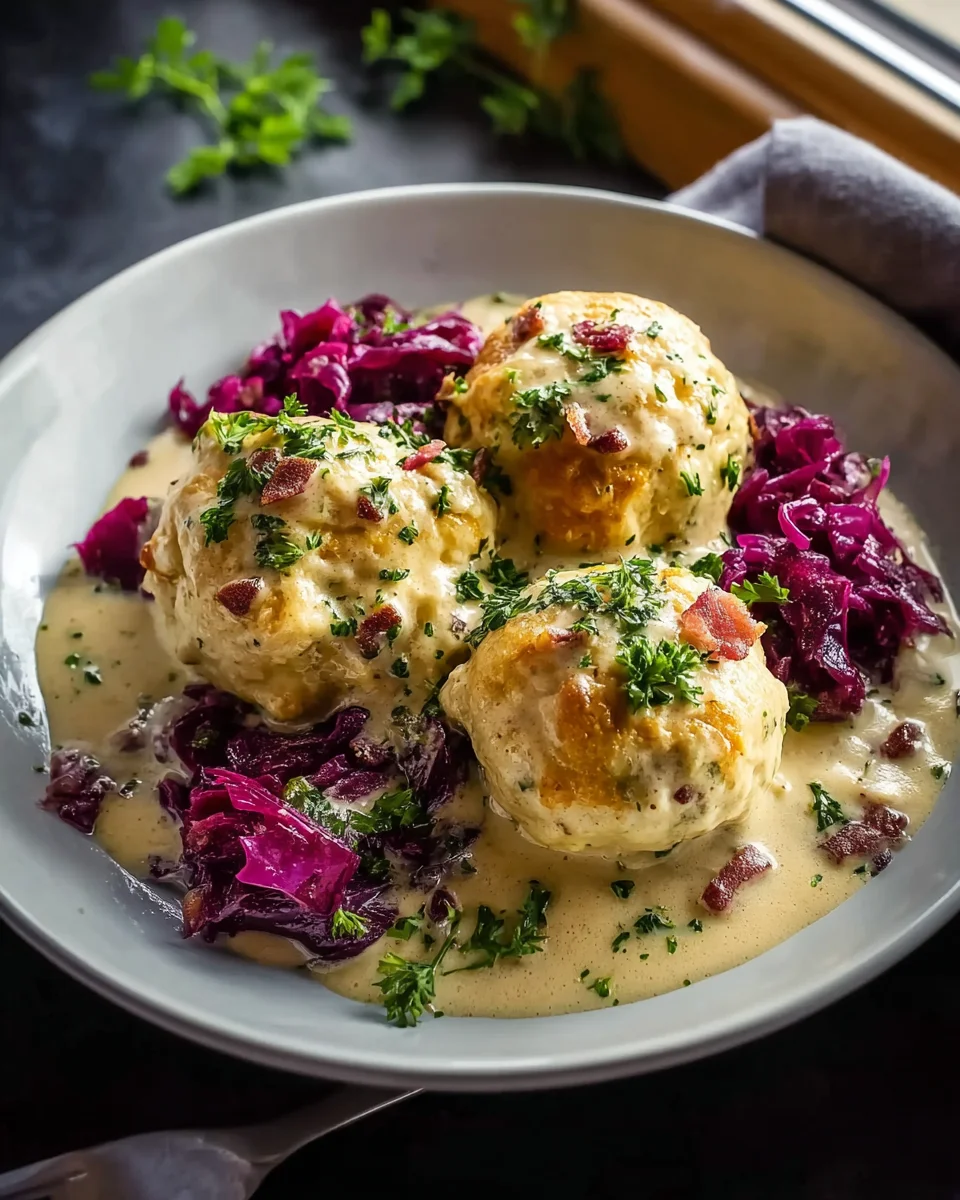 Ultimative Brezenknödel: Rotkohl & Rinderspeck-Sahnesauce