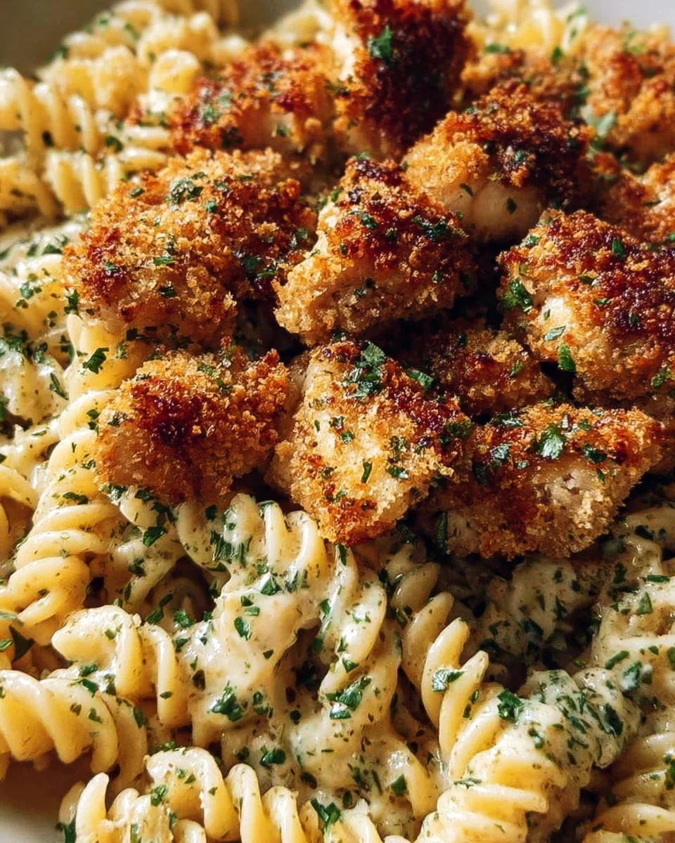 Knoblauch-Parmesan Hähnchen-Bites mit Cremiger Rotini