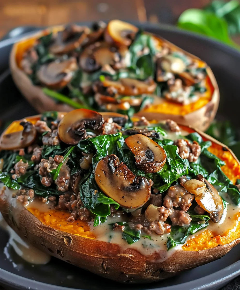 Unglaubliche Gefüllte Süßkartoffeln mit Beef, Champignons & Spinat