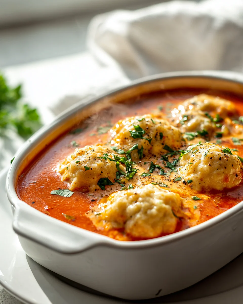 Beste Cremige Tomatensuppe mit Cheddar Bay Dumplings