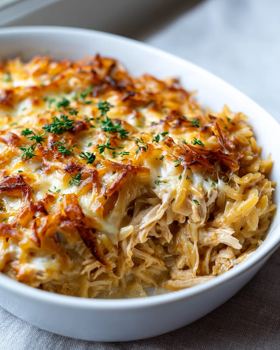 Cremiger Hähnchen-Orzo-Auflauf: Französischer Zwiebel Genuss!