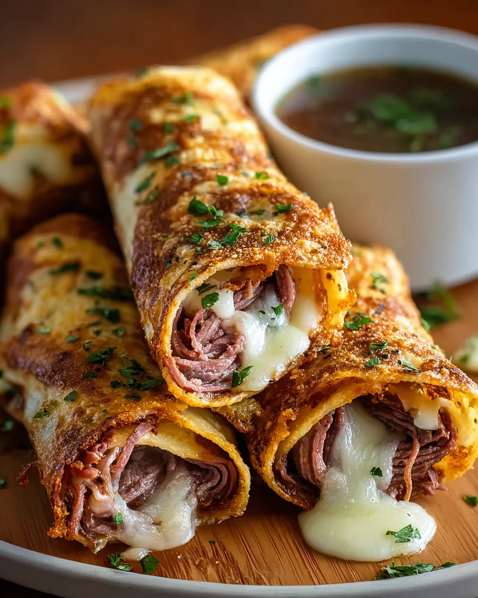 Herzhafte French Dip Tortilla Roll Ups mit zartem Rindfleisch