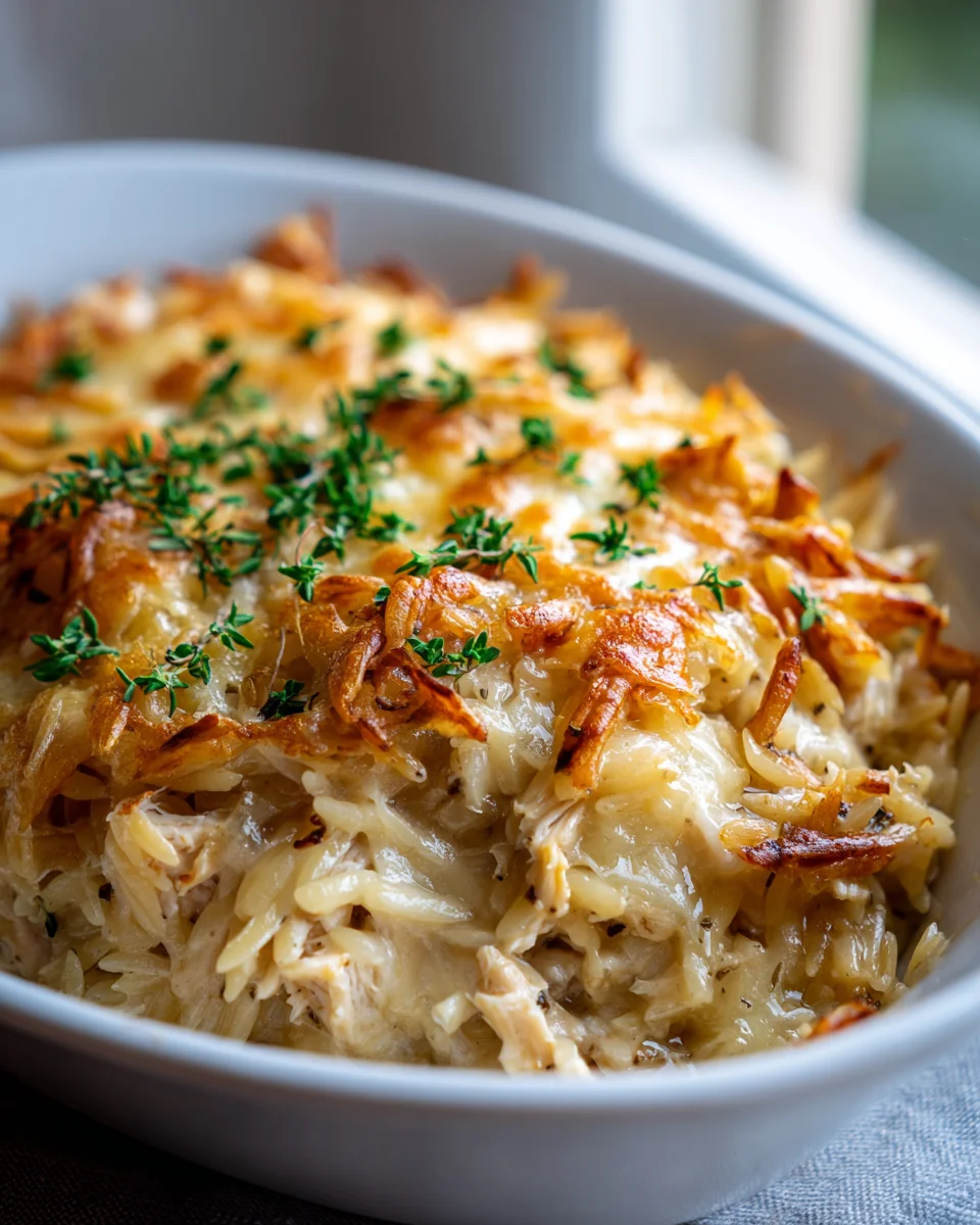 Cremiger Hähnchen-Orzo-Auflauf: Französischer Zwiebel Genuss!