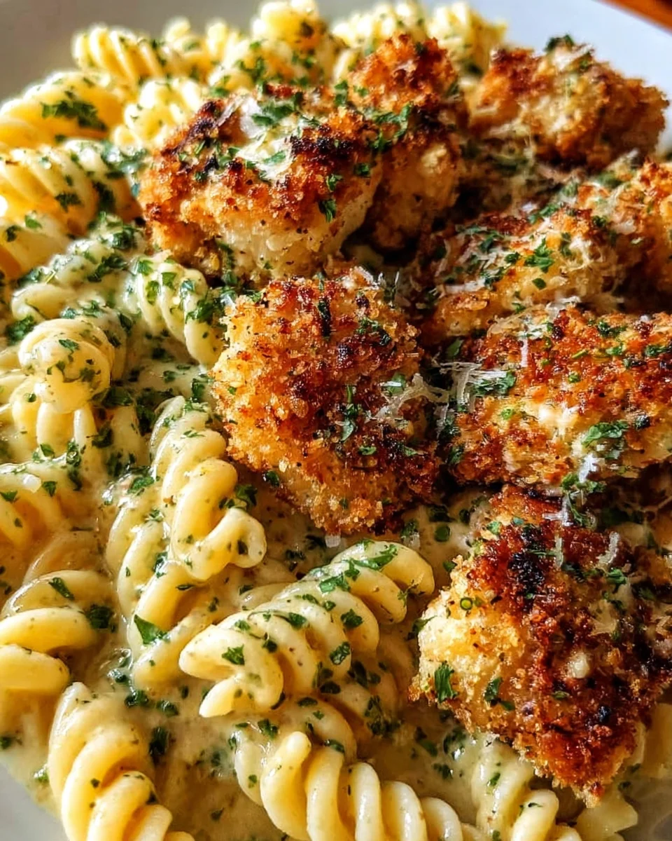 Knoblauch-Parmesan Hähnchen-Bites mit Cremiger Rotini