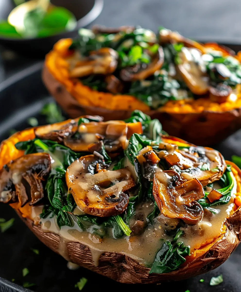 Unglaubliche Gefüllte Süßkartoffeln mit Beef, Champignons & Spinat
