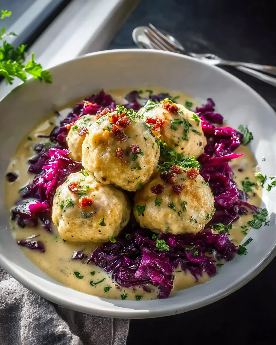 Brezenknödel mit fruchtigem Rotkohl und Speck-Sahne-Sauce