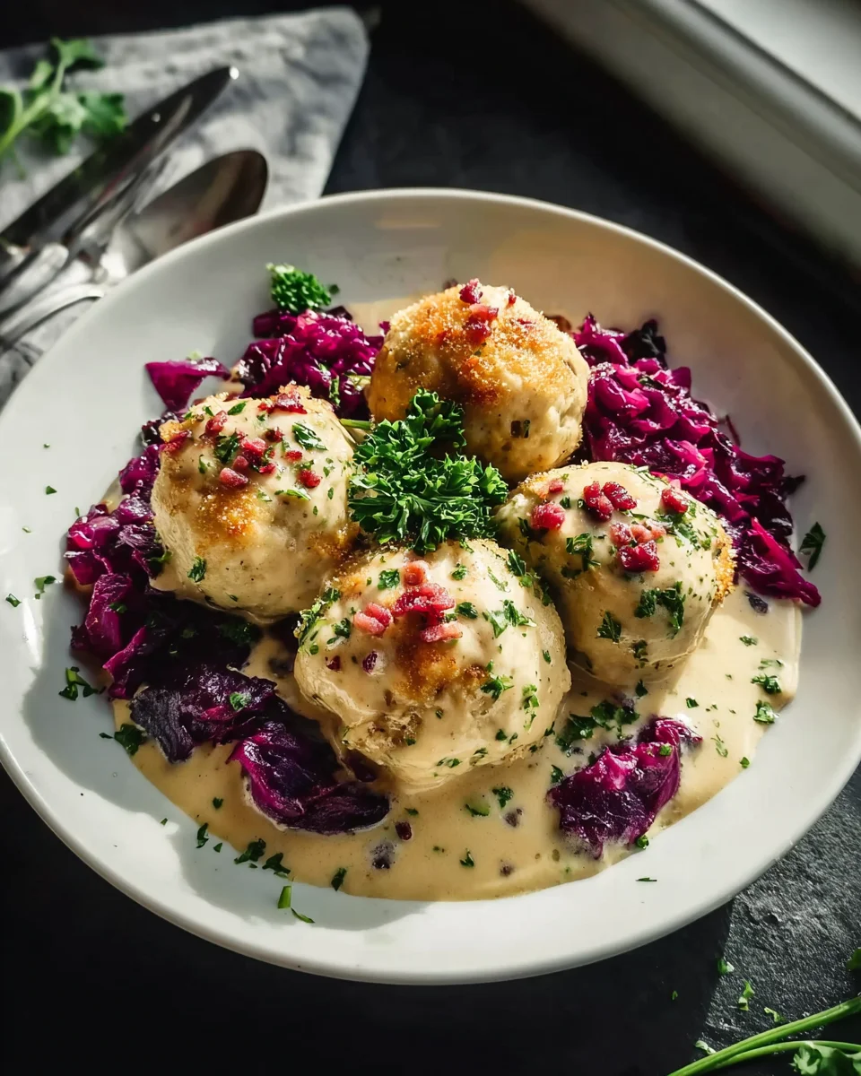 Brezenknödel mit fruchtigem Rotkohl und cremiger Sauce