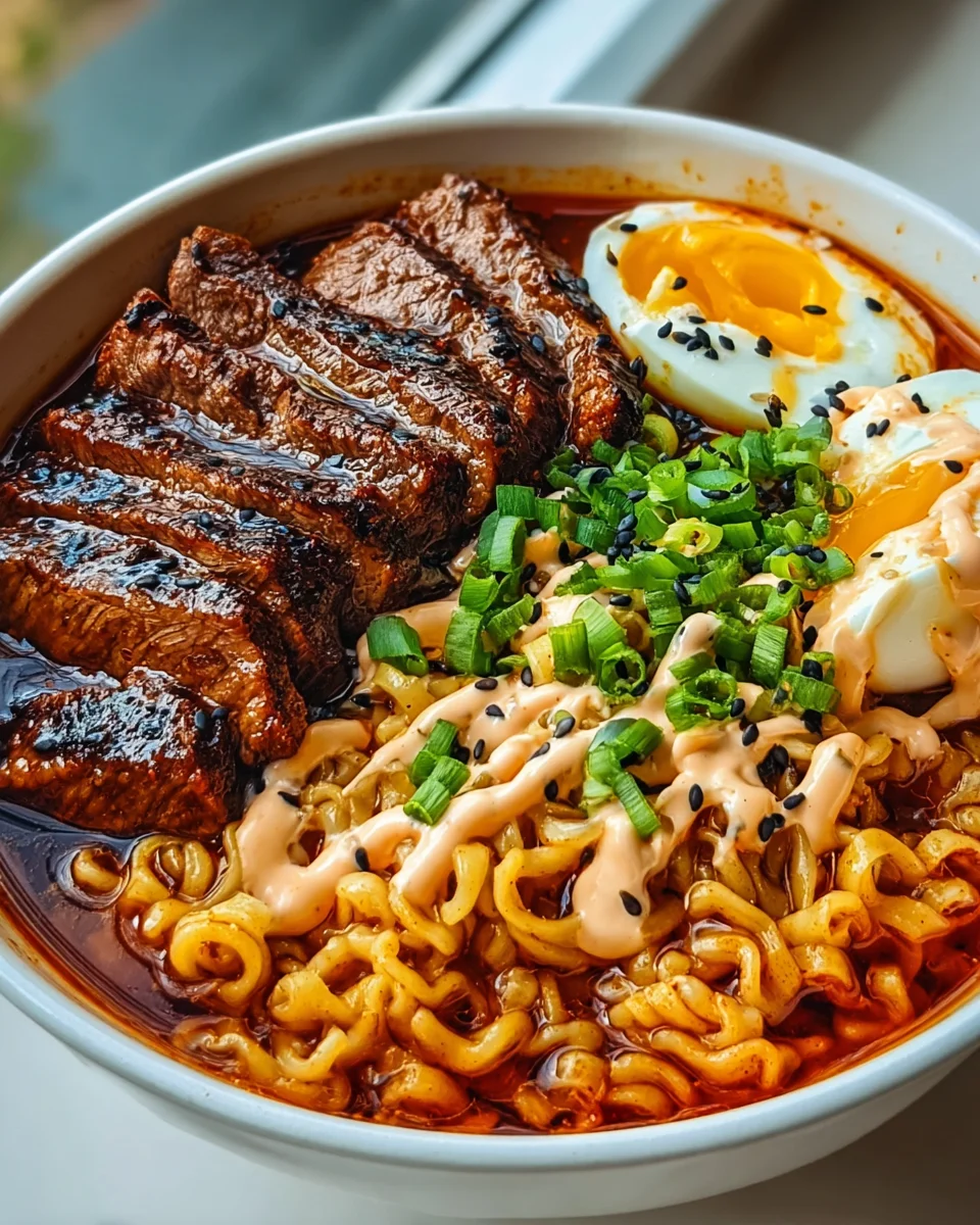 Scharfe Koreanische Ramen mit Gegrilltem Rind & Cremiger Soße