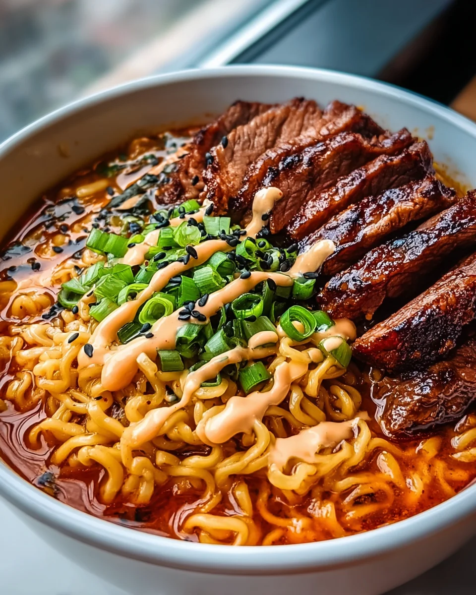 Scharfe Koreanische Ramen mit Gegrilltem Rind & Cremiger Soße