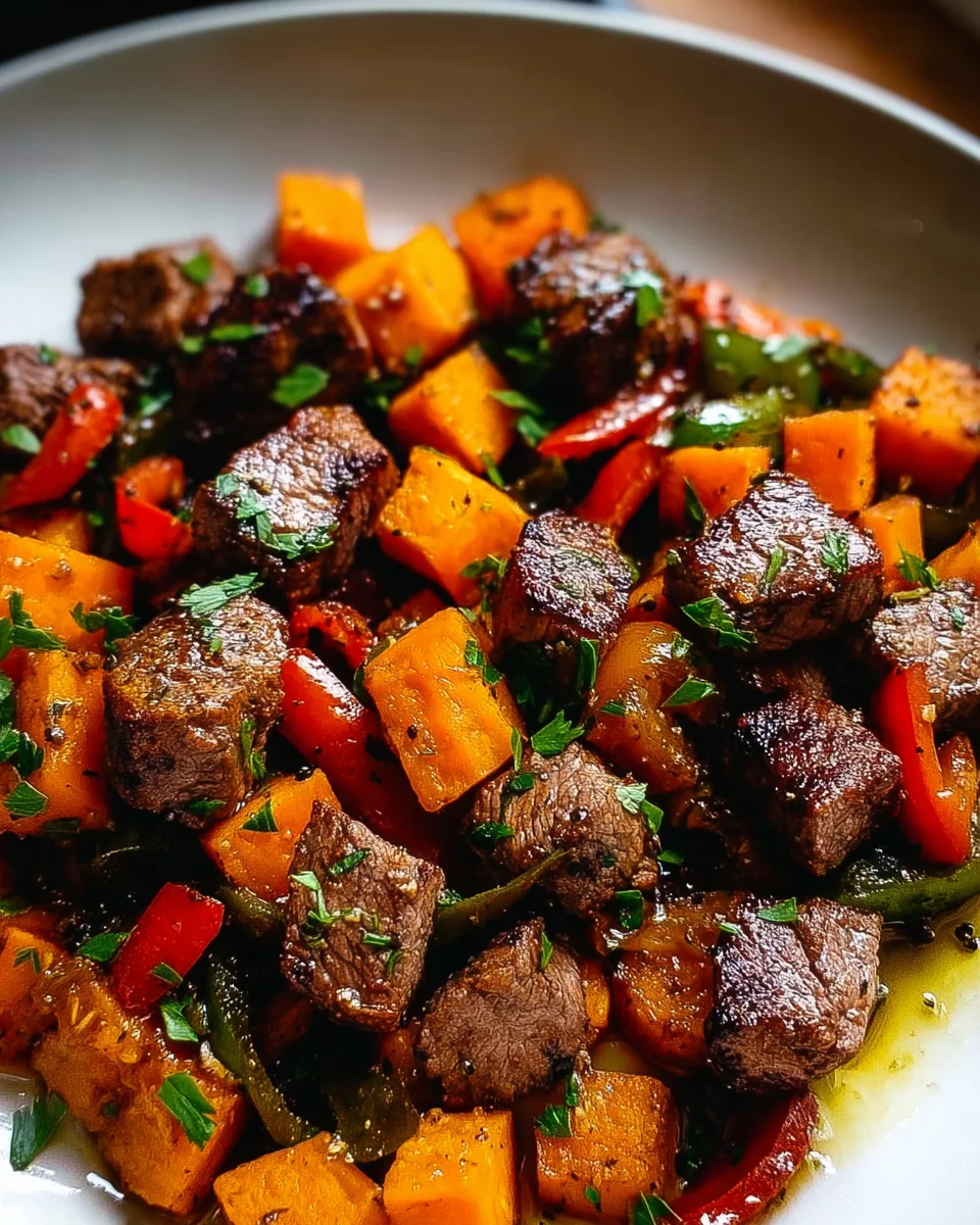 Saftige Steak Bites mit Süßkartoffeln und Paprika Rezept