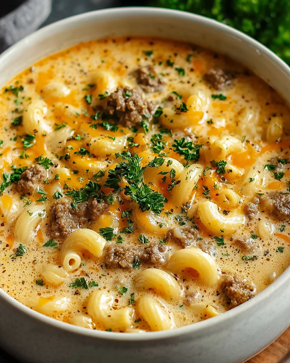 Genussvolle Macaroni Cheeseburger Suppe aus einem Topf!