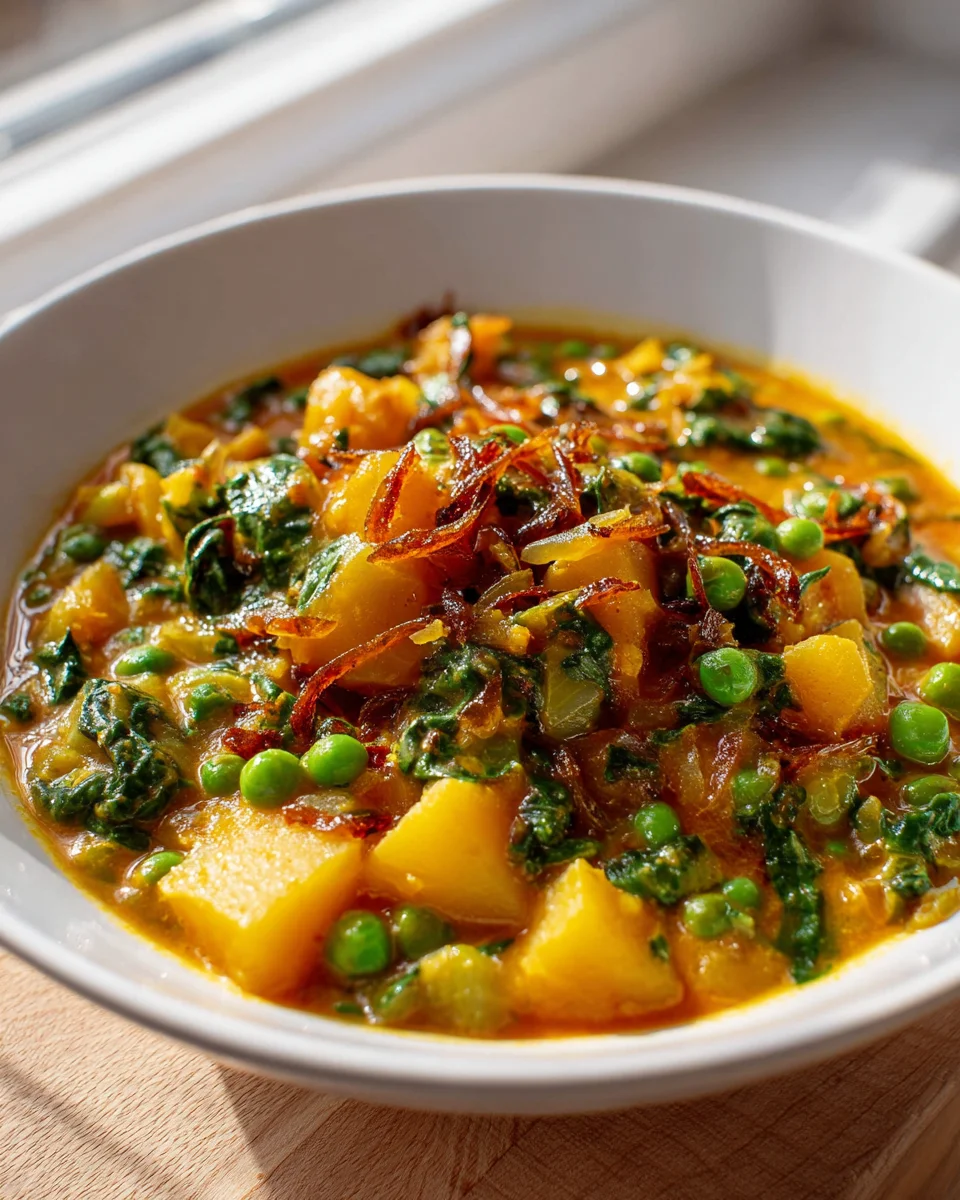 Veganes Kartoffelcurry mit Spinat und Erbsen – Gesund & Lecker!