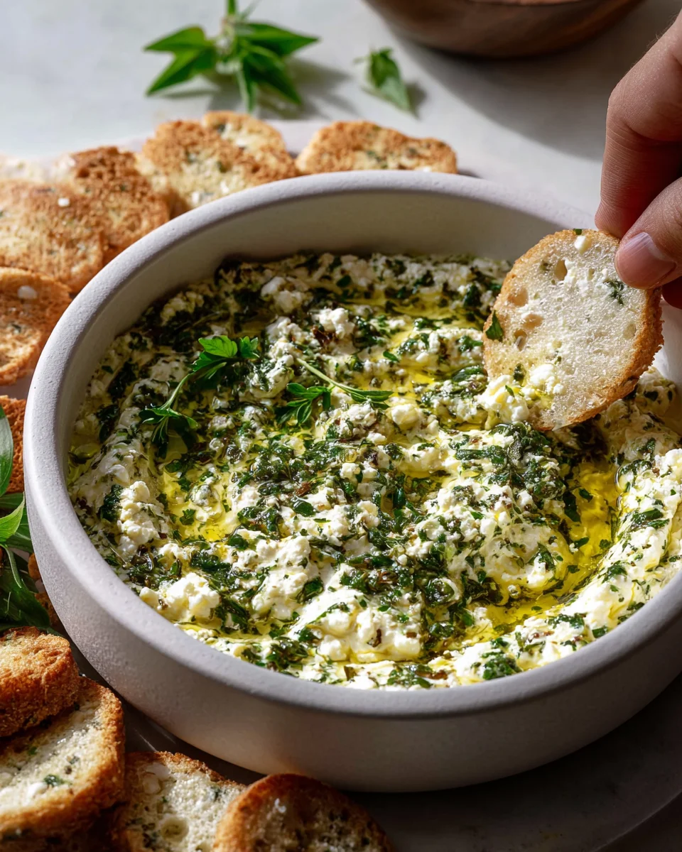 Einfaches Kräuter-Feta-Dip-Rezept mit Olivenöl genießen!