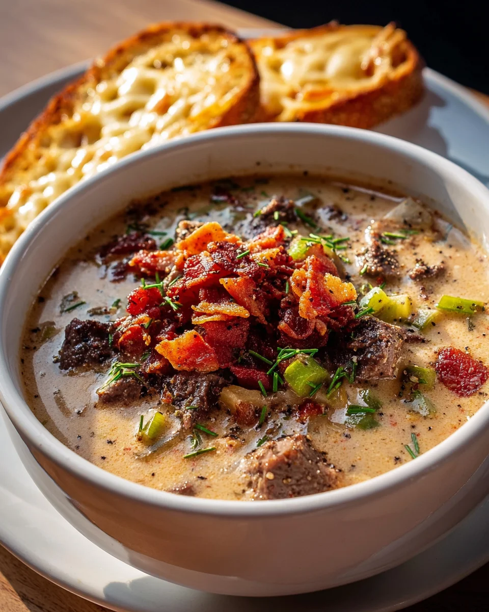 One Pot Philly Cheesesteak Suppe mit Beef Bacon und Käsetoast