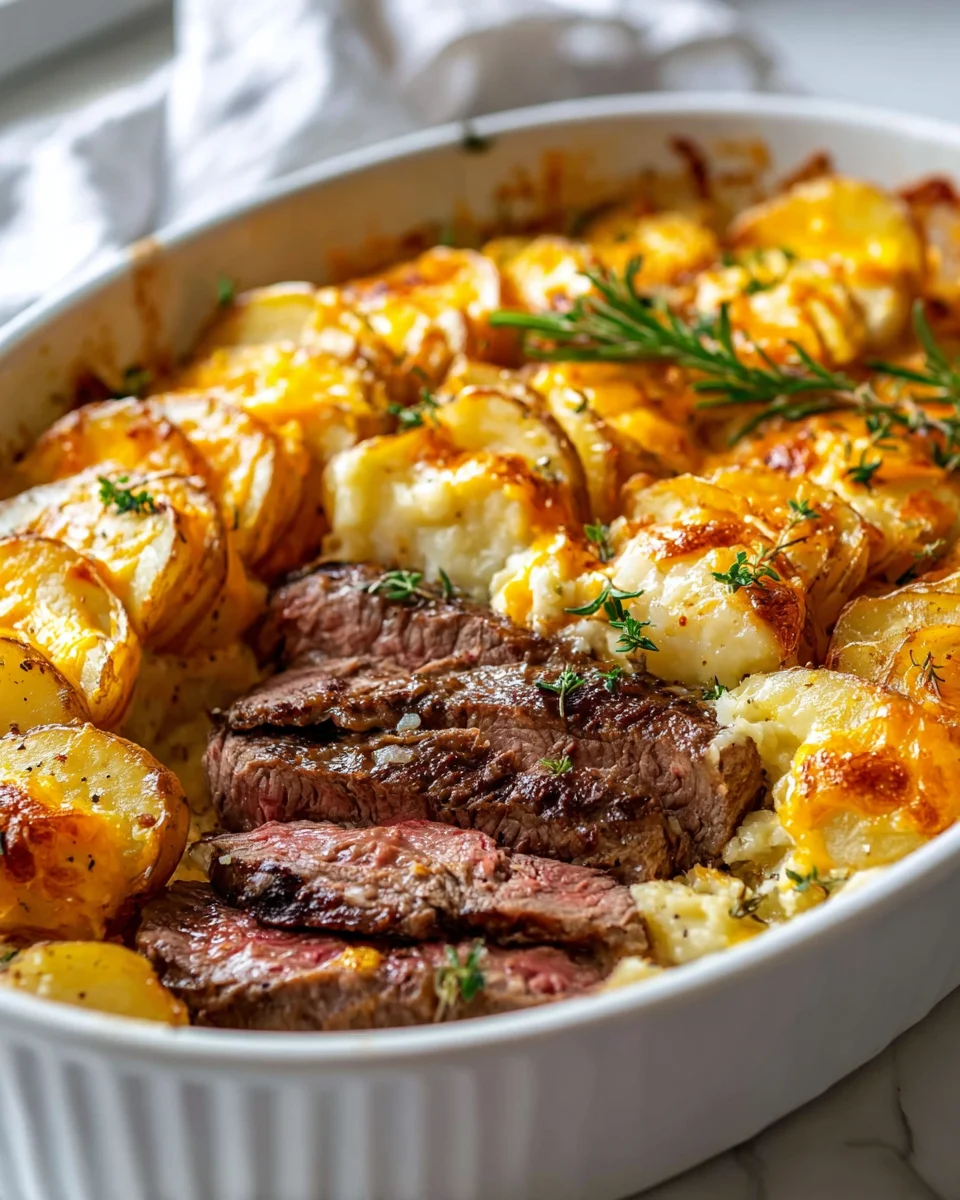 Knoblauchbutter Steak mit Cheddar Kartoffelauflauf Rezept