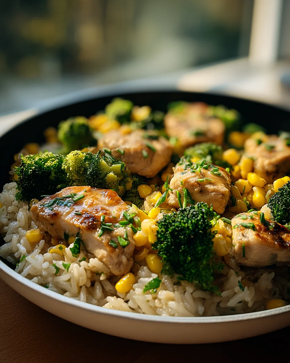 Hähnchen-Reis-Pfanne mit Brokkoli und Mais – Schnell & Lecker!