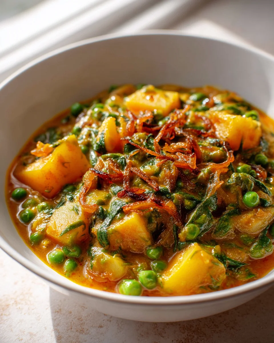 Veganes Kartoffelcurry mit Spinat und Erbsen – Gesund & Lecker!