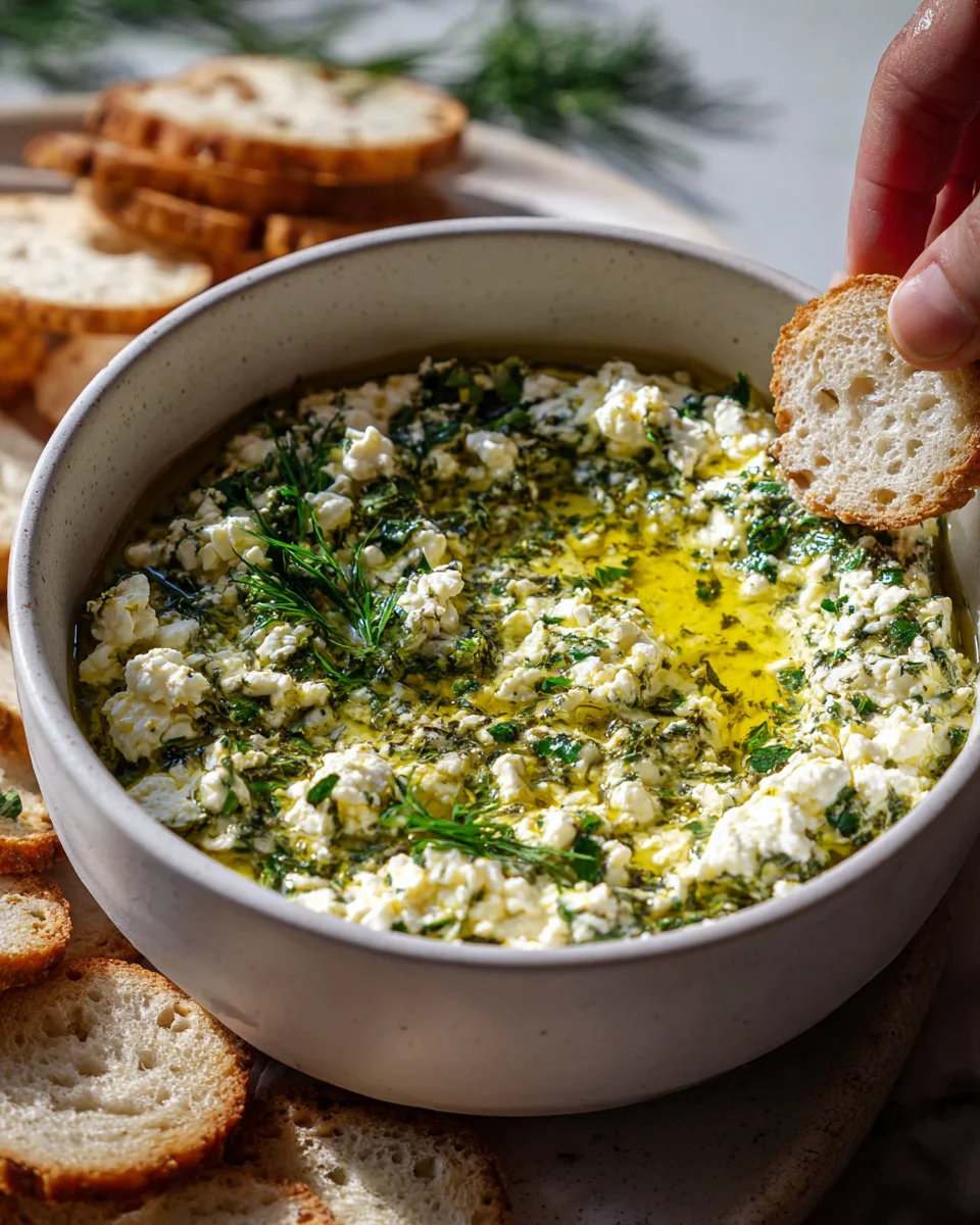 Einfaches Kräuter-Feta-Dip-Rezept mit Olivenöl genießen!